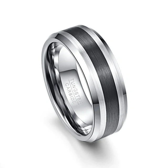 8MM Fashion Jewelry Silver Brushed Finish and Black Center Beveled Edge Wedding Rings Men Tungsten Rings Gift