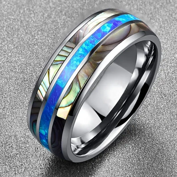 Wholesale 8mm Genuine Opal Abalone Shell Inlay Tungsten Carbide Ring for Men Women Fashion Engagement Wedding Band