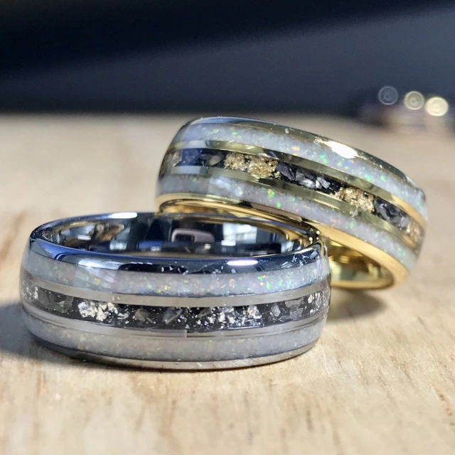 Hot Sale Jewelry 8mm White Opal Inlay Silver Gold Plated Tungsten Ring Men Rings Women Engagement Wedding Band Rings comfort Fit