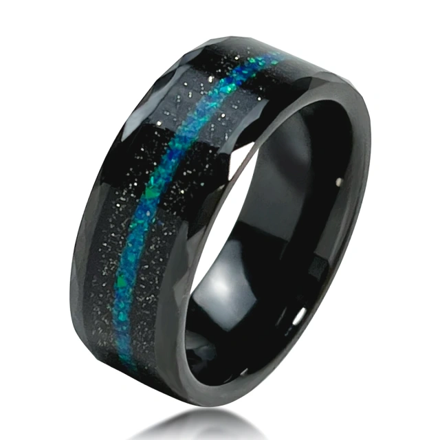 8mm Mens Multi-faceted Edge With Black Sand and Green-blue Opal Inlay Tungsten Carbide Wedding Rings Fashion Jewelry