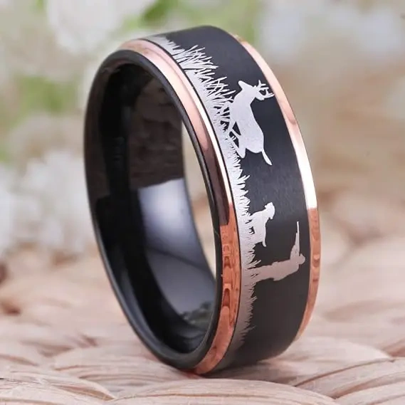 OEM Factory Directly Sell Black and Rose Gold Plated Tungsten Ring Laser the Deer for Men Wedding Band Fashion Jewelry