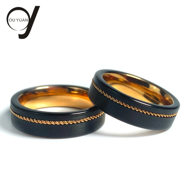 Ouyuan Jewelry Men's Tungsten Carbide Rings Classic Black Brushed Rose Gold Inner Couple Wedding Bands