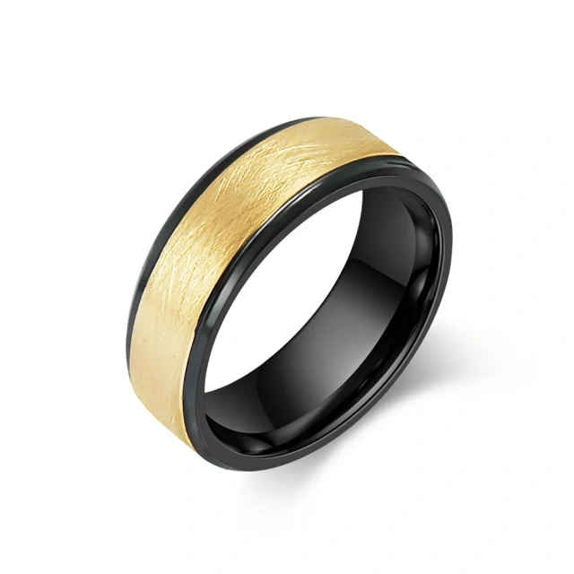 Fashion Jewelry 8mm Stepped Beveled Brushed Gold Black Tungsten Ring for Men Women Wedding Ring