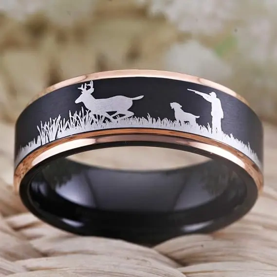 OEM Factory Directly Sell Black and Rose Gold Plated Tungsten Ring Laser the Deer for Men Wedding Band Fashion Jewelry