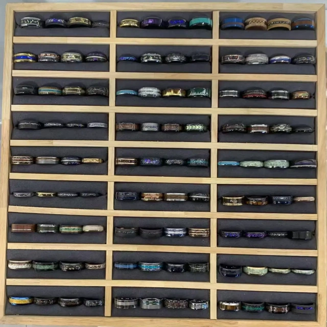 Wholesale Fashion Rings Jewelry 8mm Tungsten Rings for Men Blue Opal Inlay Brushed Hammered Promise Rings