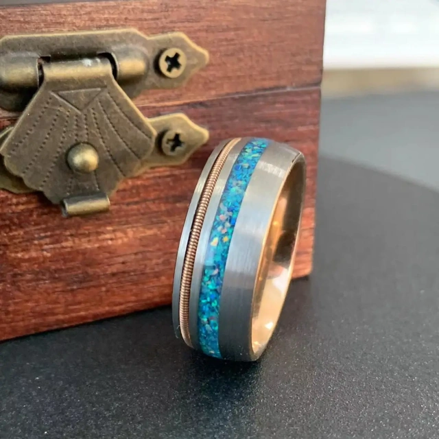 New Stock Jewelry 8mm Rose Gold Couple Ring Wedding Bands Inlay Guitar String and Opal Galaxy Tungsten Ring