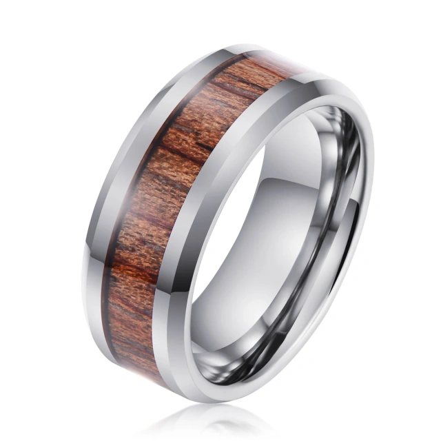 Hot Sale Custom 8mm Blue Opal Guitar Strings Wood Inlay Silver Black Tungsten Ring Men Rings Women Engagement Wedding Band Rings