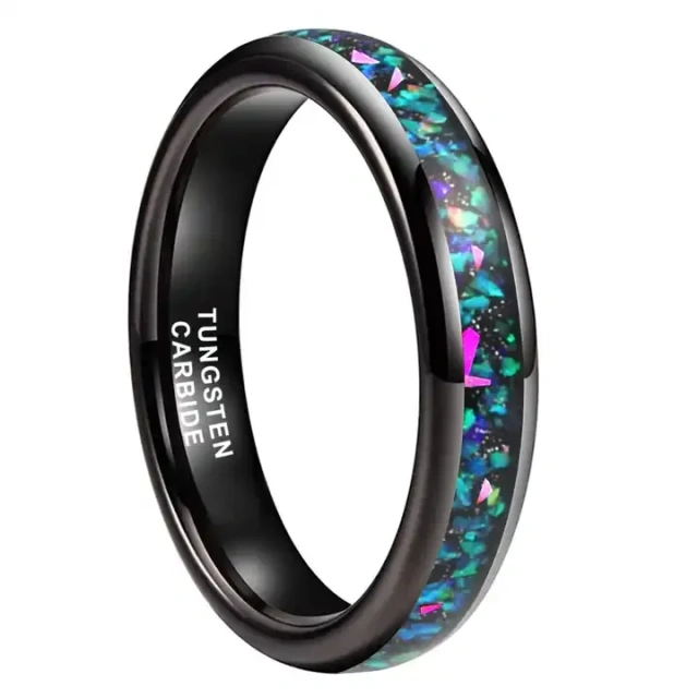 4mm Black High Polished Tungsten Wedding Bands Classic Style Inlay Opal Mens & Womens Ring Jewelry for Engagement
