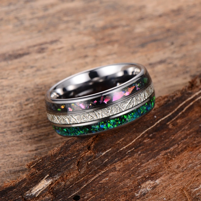 Ouyuan Hardware Jewelry RTS 6mm Wedding Band Rings Men Inlay Opal Black Men Tungsten Carbide Ring comfort Fit