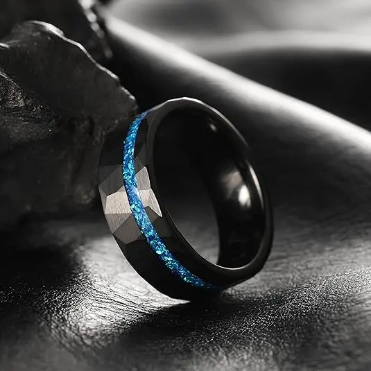 Wholesale Fashion Rings Jewelry 8mm Tungsten Rings for Men Blue Opal Inlay Brushed Hammered Promise Rings