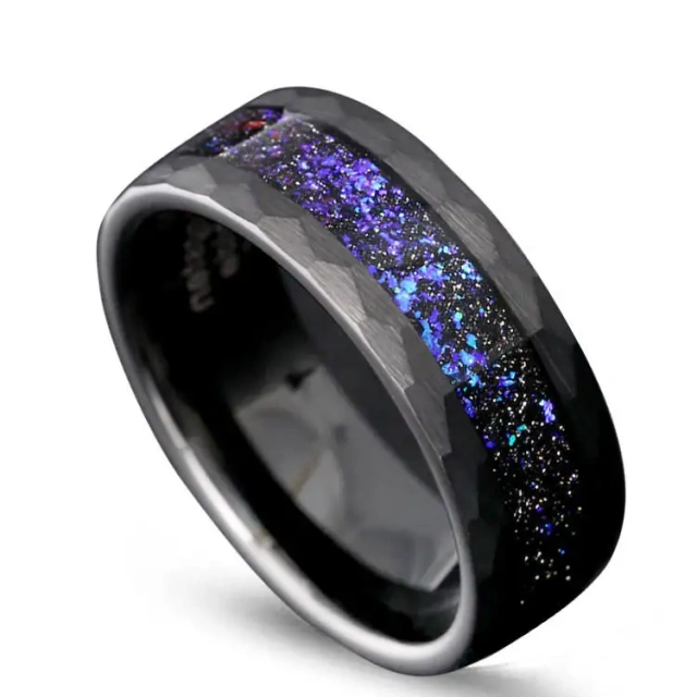 Wholesale Price 8mm Hammered Tungsten Carbide Ring Inlay Galaxy Glitter for Couple Men Fashion Wedding Band Black Rings Jewelry