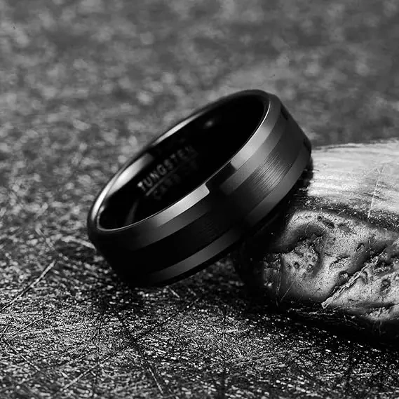 8MM Fashion Jewelry Silver Brushed Finish and Black Center Beveled Edge Wedding Rings Men Tungsten Rings Gift