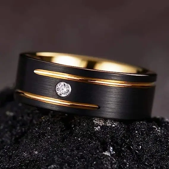 Luxury Fashion Black Tungsten and Gold Mens Wedding Rings Black Diamond Ring
