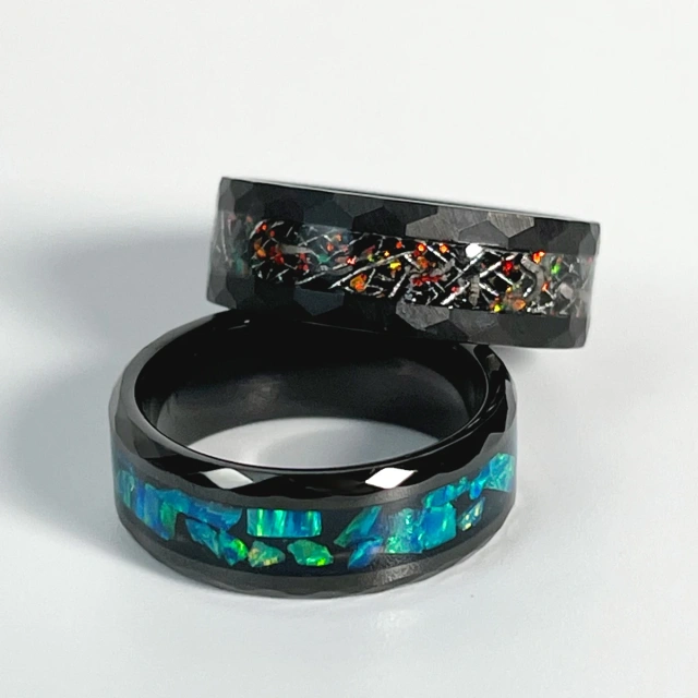 Crystal Meteorite Debris Sand Stone Opal Inlay Tungsten Carbide Ring Men
