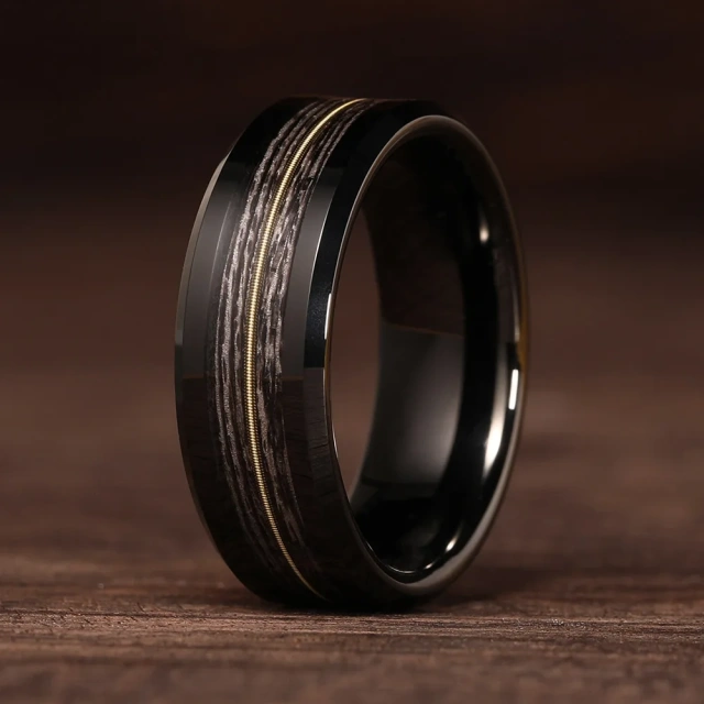 Black Plated Wholesale Men Luxury Tungsten Carbide Ring Inlay Guitar String