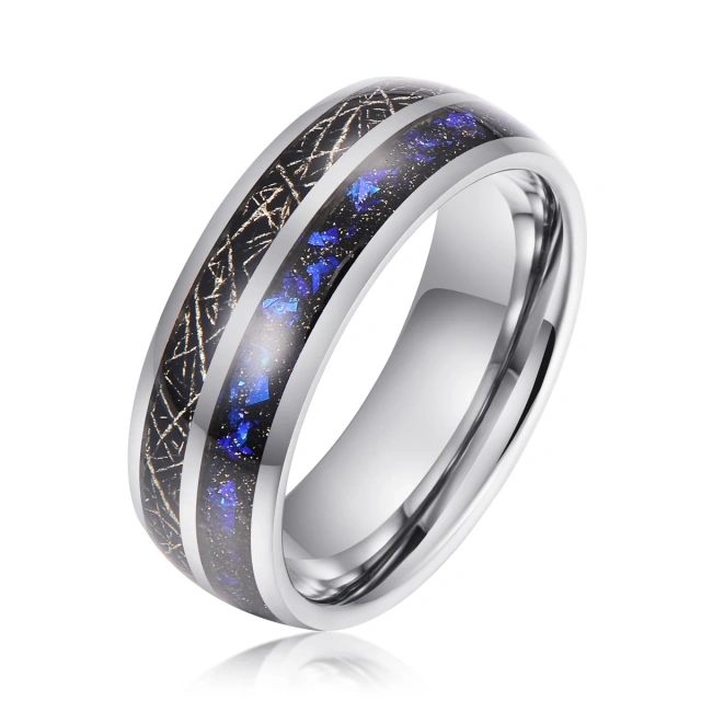 Hot Sale Custom 8mm Blue Opal Guitar Strings Wood Inlay Silver Black Tungsten Ring Men Rings Women Engagement Wedding Band Rings
