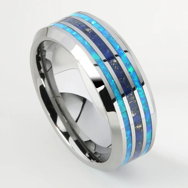 Hot Selling Silver Color Plated Opal Inlay Style with groove Tungsten Carbide Rings for Mens