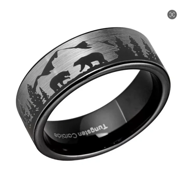 Custom Made Wedding Ring Men Hunters 8mm Black Gray Bears Forest Mountain Tungsten Band Comfort Fit Ring