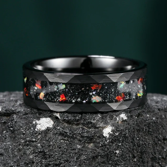Tungsten Ring Wholesale Price 8mm Hammered Tungsten Ring Meteorite Chip Opal Inlay Fashion Engagement Wedding Band