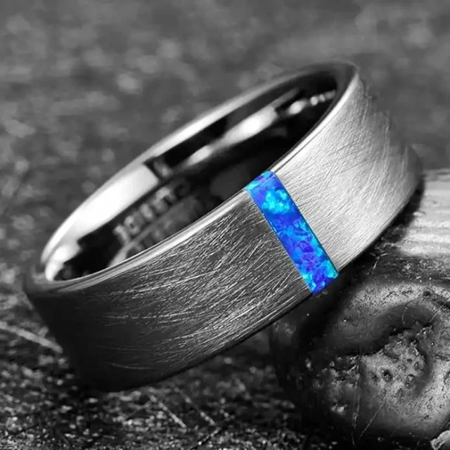 Fashion Jewelry Wholesale 8mm Genuine Blue Opal Inlay Tungsten Carbide Ring for Men Women Fashion Engagement Wedding Band