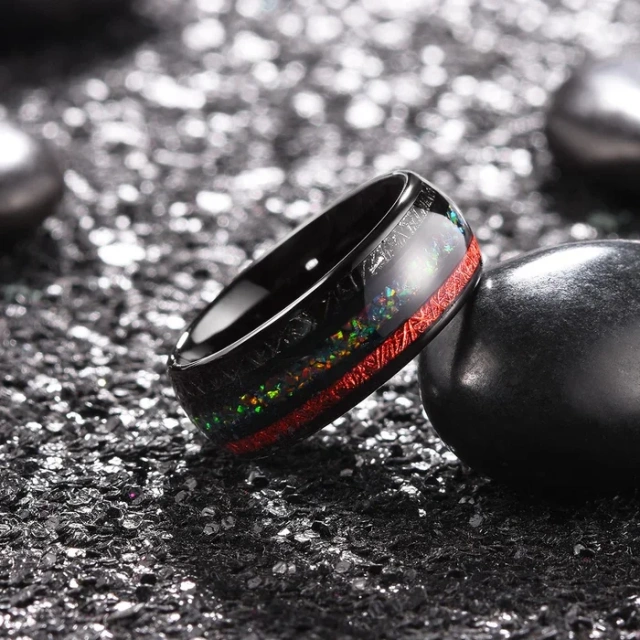 Custom Fashion Jewelry Rings 8mm Black Tungsten Rings for Men Red Opal Meteor Sticker Inlay Couple Engagement Wedding Band