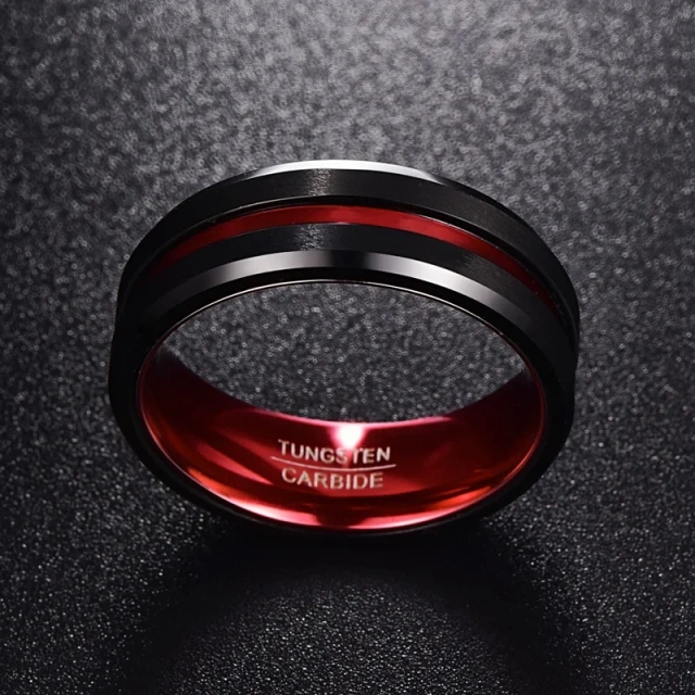 8mm Width Black Red Tungsten Steel Men Ring for Boys Red Line Grooved Tungsten Men Ring in Red and Black Color