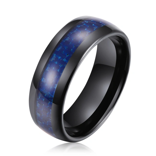 Hot Sale Custom 8mm Blue Opal Guitar Strings Wood Inlay Silver Black Tungsten Ring Men Rings Women Engagement Wedding Band Rings