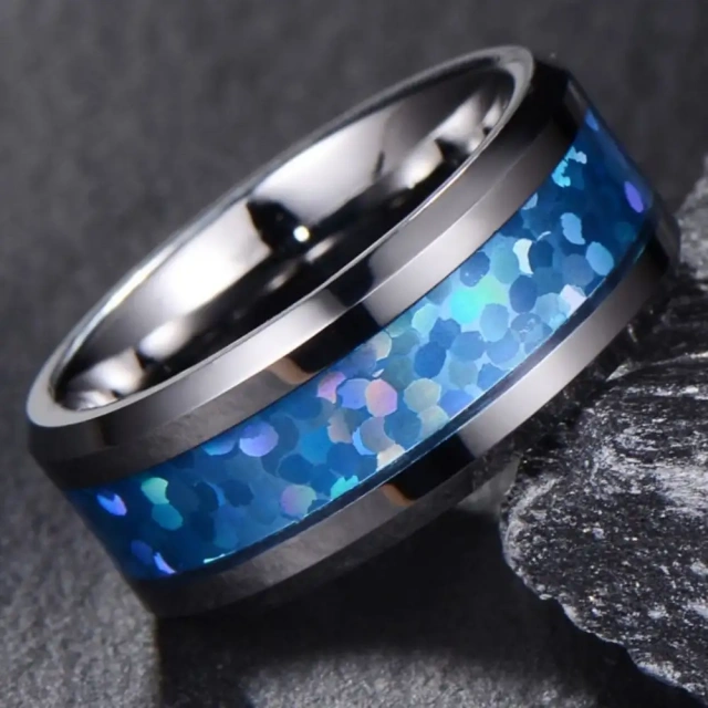 Oem Custom logo 8MM Tungsten Carbide Rings for Men Silver Plated Inlay Blue galaxy Opal