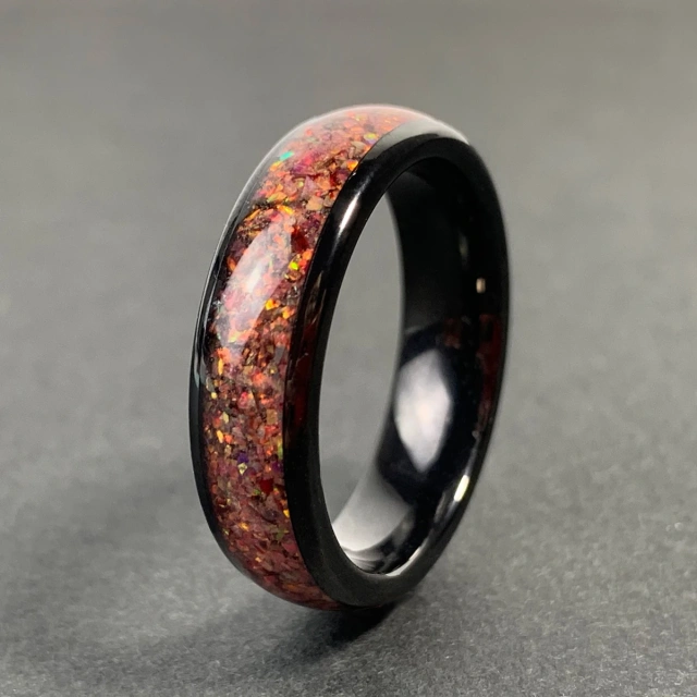 Ouyuan 8mm Engagement Promise Wedding Band for Men Women Imitated Red Agate Chip Inlay Domed Black Tungsten Ring