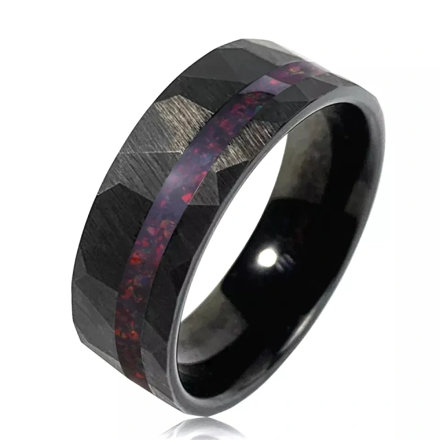 Dainty 8mm Raw Red Natural Stone Black Hammered Tungsten Fire Opal Ring for Men