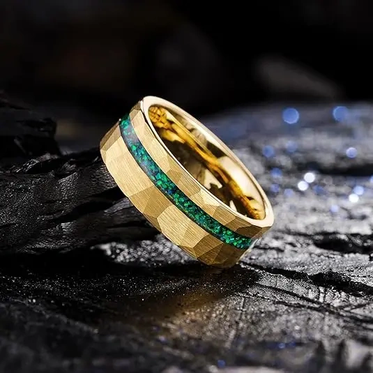 8mm Opal Inlay Hammered 18K Gold Tungsten Ring for Men Women Fashion Wedding Band Promise Rings Comfort Fit