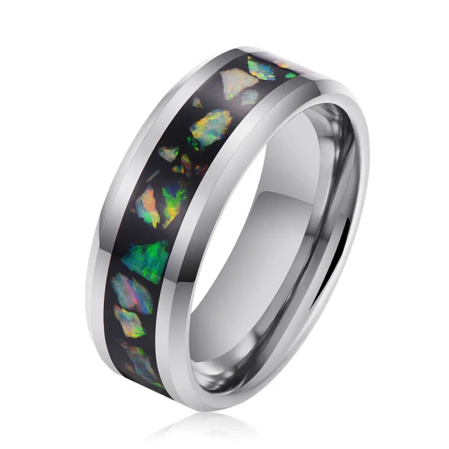 8mm Natural Stone Black Hammered Tungsten Fire Opal Ring for Men