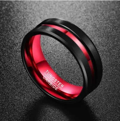 8mm Width Black Red Tungsten Steel Men Ring for Boys Red Line Grooved Tungsten Men Ring in Red and Black Color