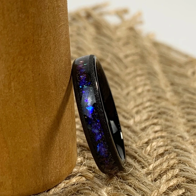 Couple Wedding Band Polished Gold Sandblast Black Tungsten Ring With Sandstone Inlay