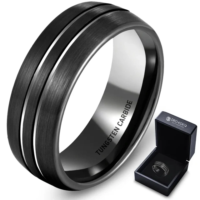 Ouyuan Wholesale Custom 8mm Grooved Brushed Black Tungsten Wedding Band Comfort Fit