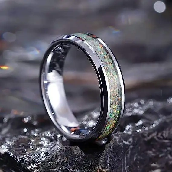 Ouyuan Wholesale 4mm Tungsten Ring Silver Plated Opal Inlay Trendy Christian Style Wedding Engagement Band for Men and Women