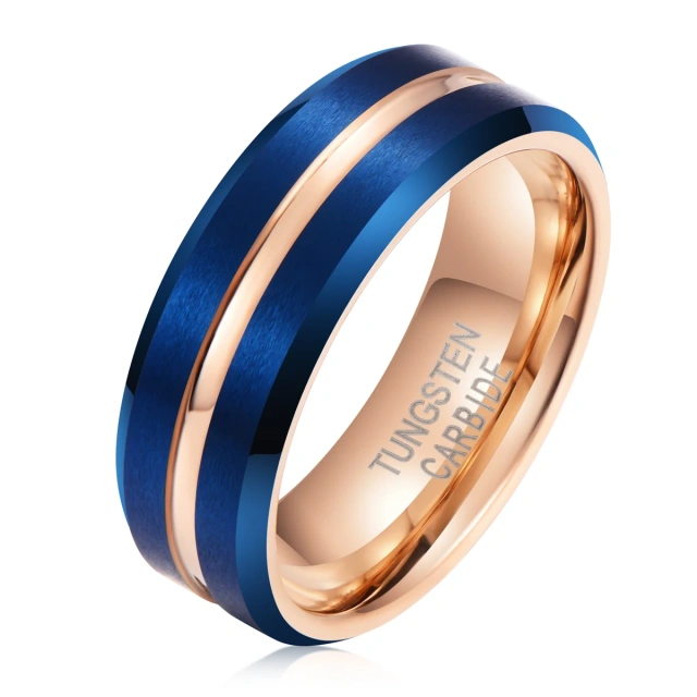 In Stock Beveled Edge Custom Tungsten Carbide Wedding Rings Rose Gold Blue Brushed Tungsten Ring for Man Jewelry Ring