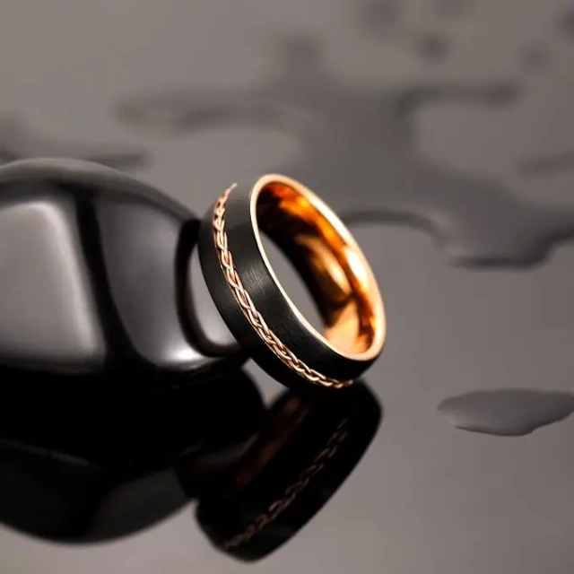 Ouyuan Luxury Jewelry Rose Gold Plated Steel Inlay Black Plated Tungsten Carbide Ring Mens