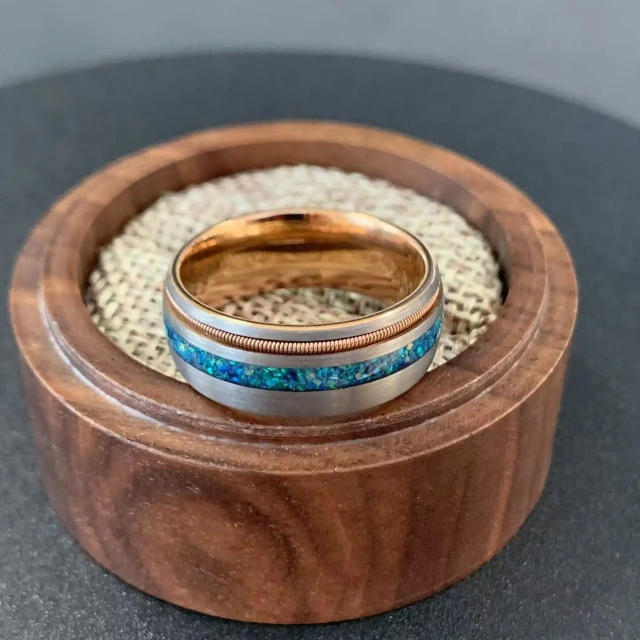 New Stock Jewelry 8mm Rose Gold Couple Ring Wedding Bands Inlay Guitar String and Opal Galaxy Tungsten Ring
