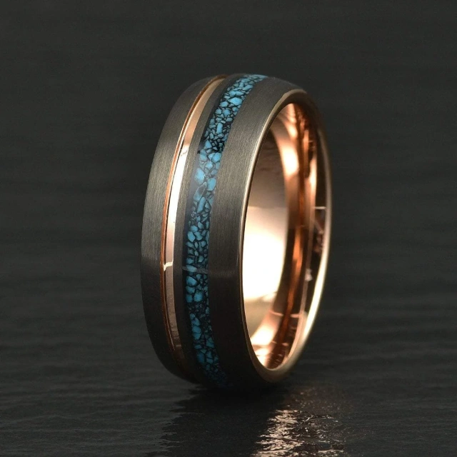Turquoise Inlay Tungsten Ring with Rose Gold Classic Engagement Wedding Band for Men and Women Anniversaries Parties Gift