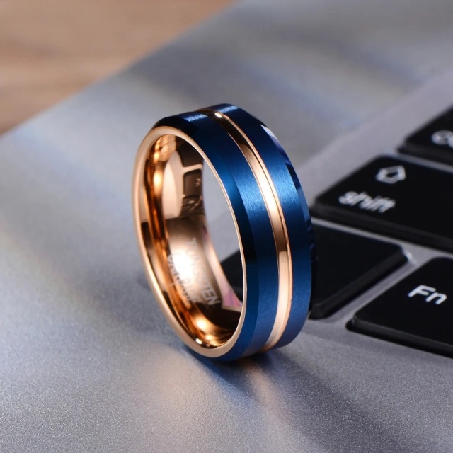 In Stock Beveled Edge Custom Tungsten Carbide Wedding Rings Rose Gold Blue Brushed Tungsten Ring for Man Jewelry Ring