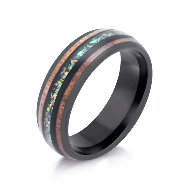 China Factories Koa Wood Blue Fire Opal Men Tungsten Rings for Women Wed Tungsten Brand Ring Black comfort Fit