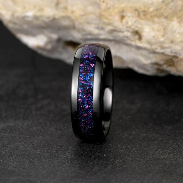 Purple 4/6/8mm Amethyst Sandstone Inlay Black Tungsten Carbide Ring for Men