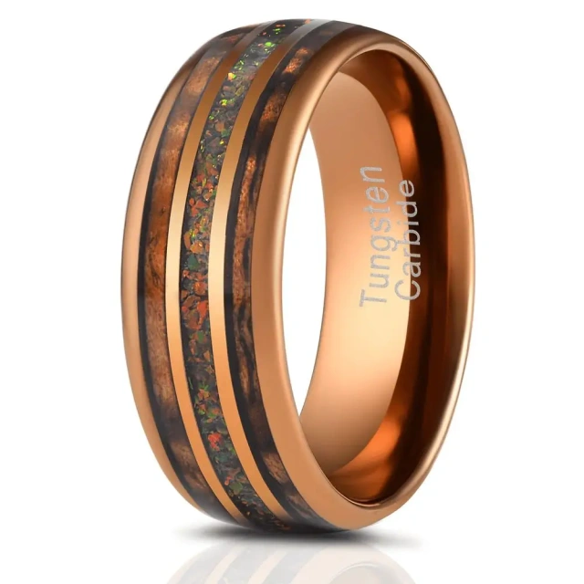 China Factories Koa Wood Blue Fire Opal Men Tungsten Rings for Women Wed Tungsten Brand Ring Black comfort Fit