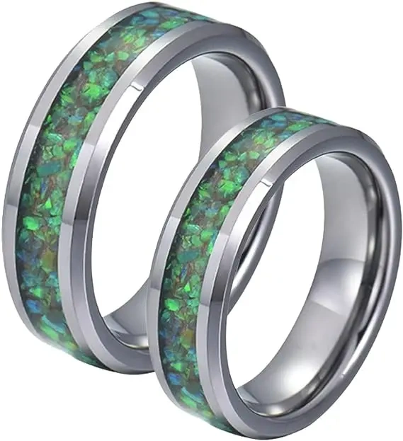 Couple Tungsten Ring 4mm 8mm Green Opal Inlay Silver Tungsten Men and Women Rings for Galaxy Opal Wedding Ring Tungsten