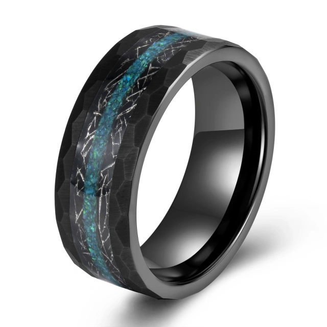 Fashion Jewelry 8mm Black Hammered Meteorite Green Opal Inlay Tungsten Carbide Wedding Band for Men Rings