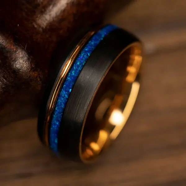 Comfort Fit Tungsten Carbide Ring 8MM  Blue Opal Inlay Tungsten Ring for Men
