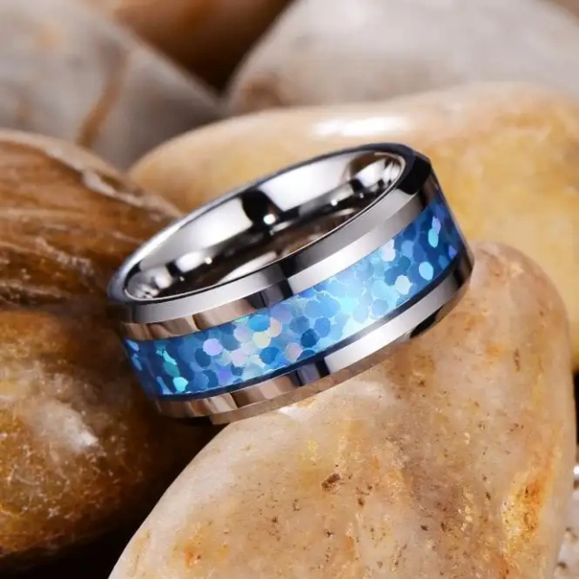 Oem Custom logo 8MM Tungsten Carbide Rings for Men Silver Plated Inlay Blue galaxy Opal