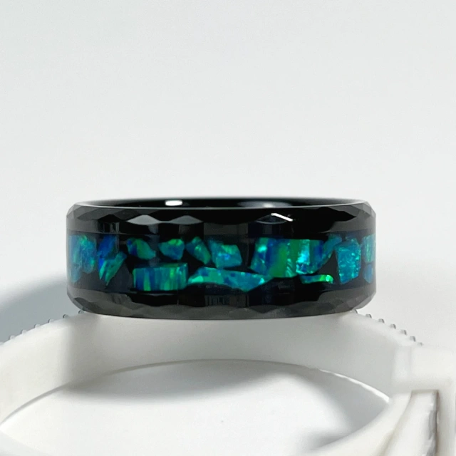 Crystal Meteorite Debris Sand Stone Opal Inlay Tungsten Carbide Ring Men