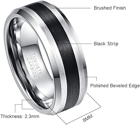 8MM Fashion Jewelry Silver Brushed Finish and Black Center Beveled Edge Wedding Rings Men Tungsten Rings Gift